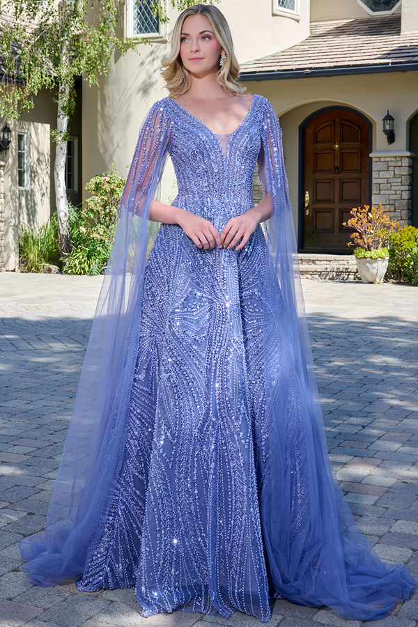 Bead Sequin Sparkle A Line MoB Dress w/ Cape Sleeve