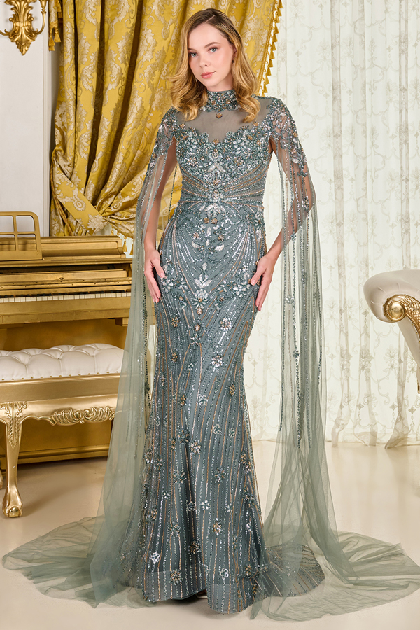 Sparkling Embellishment Mock Neck Fitted MoB Dress