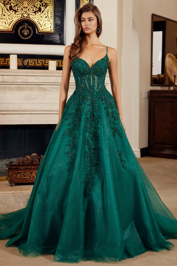 Spaghetti Straps Plunging V Neck A Line Prom Dress