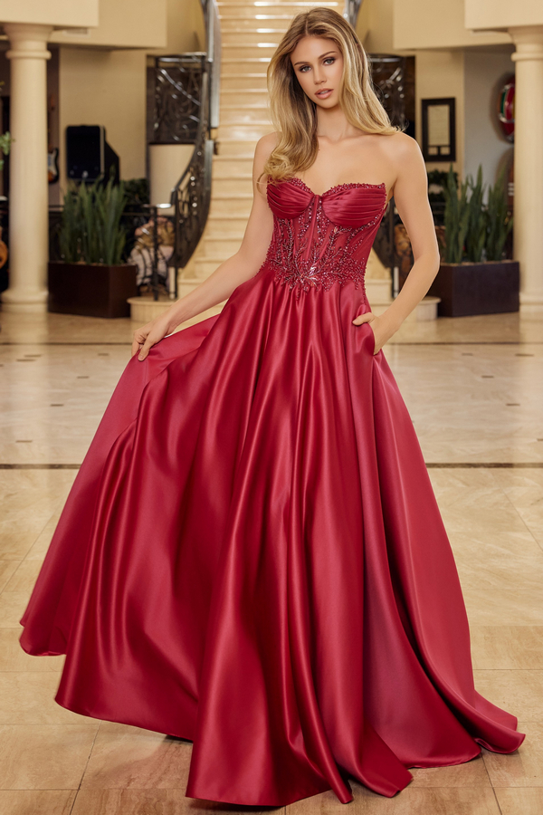 A Line Dress w/ Strapless Peaked Bead Top