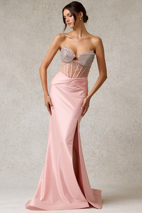 Strapless Peaked Neckline Stretch Evening Gown