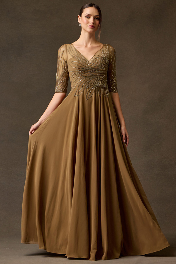 Sheer 3/4 Sleeve V Neck Top MoB Gown