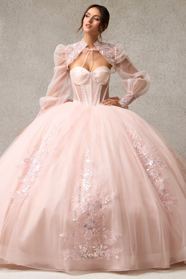 Quinceanera Dress w/ Sheer Long Sleeve Bolero