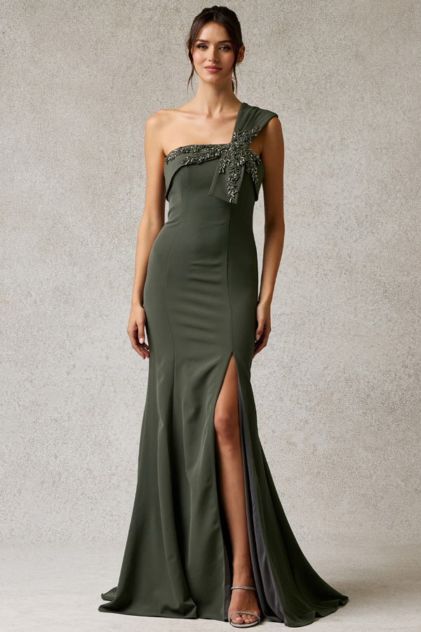 One Shoulder Stretch Crepe Sheath Dress