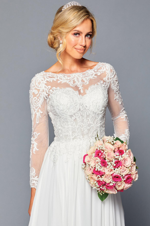 Sheer Long Sleeve Bateau Neckline Chiffon Wedding Gown