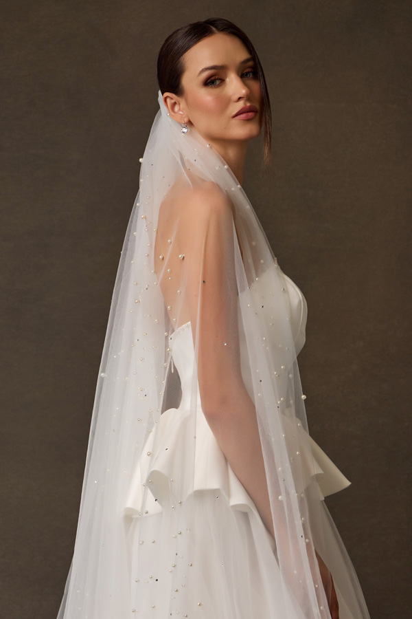 Tulle Chapel Length Veil with Pearls and Jewel Detail