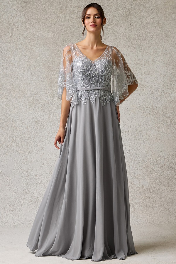 Sheer Cape Sleeve V Neck Chiffon MoB Dress