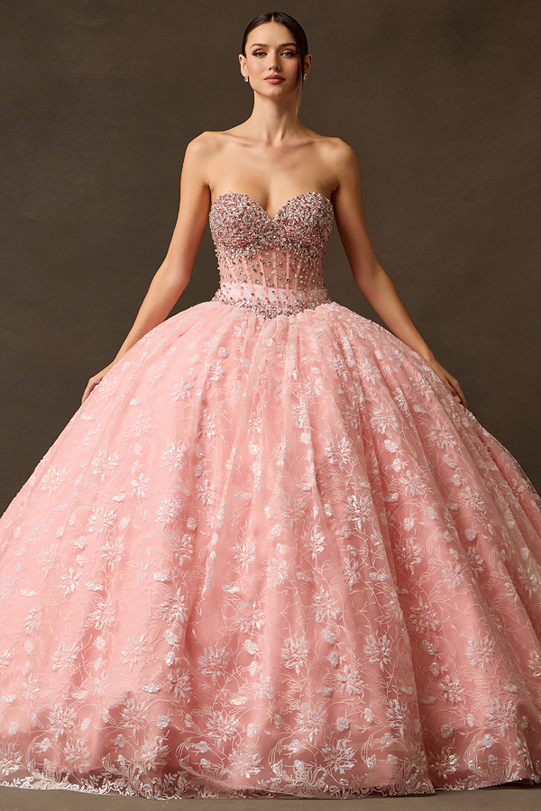 Strapless Sweetheart Bead Embellished Quince Ball Gown