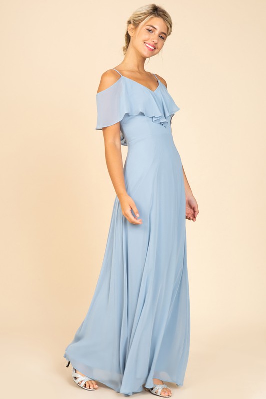 Floor length chiffon gown with ruffle