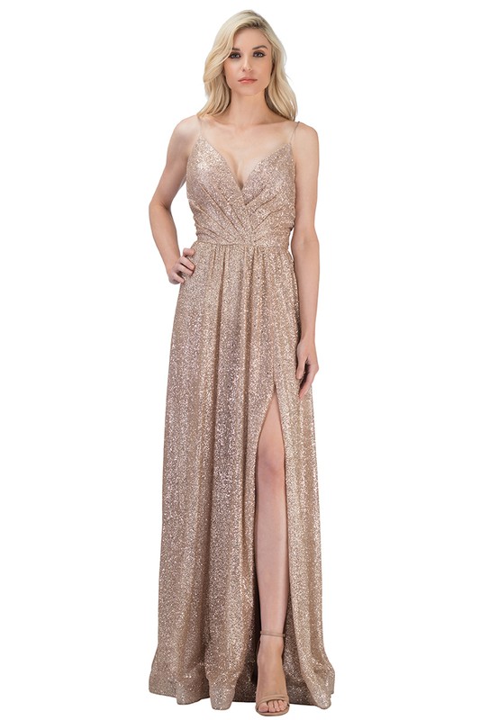Glitter Fabric Evening Event Gown with Pleated Top