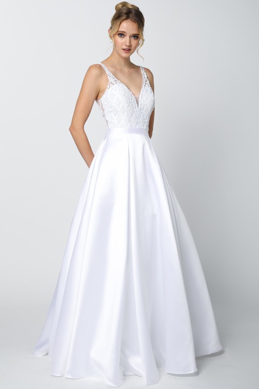 Long Beaded Top Satin Gown with Pockets