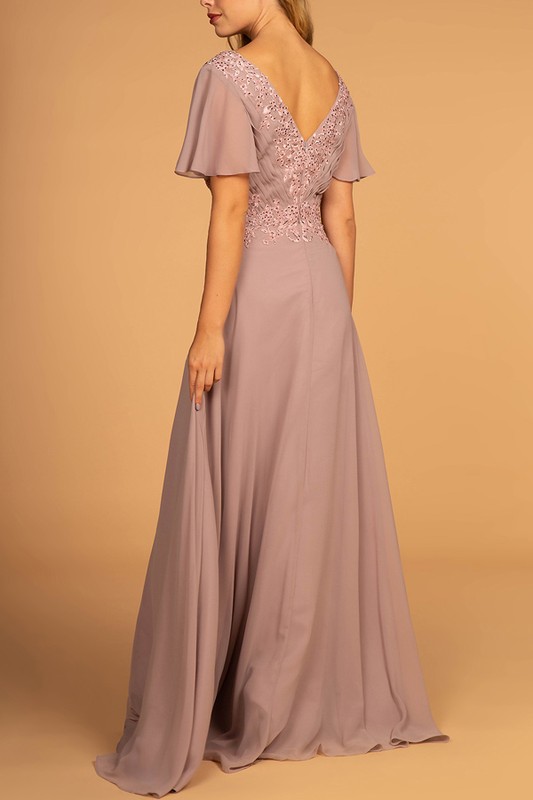 Embroidered Top V Neck Chiffon Long Dress