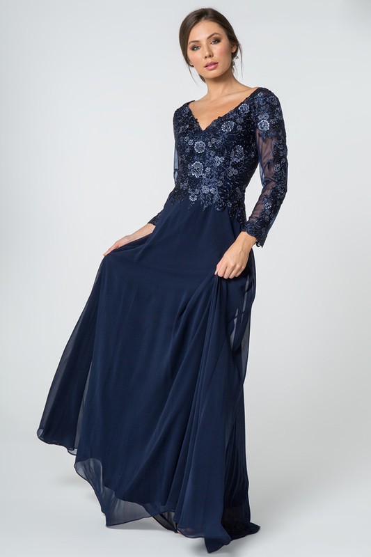 Long Sleeve Lace Embellished Chiffon Dress