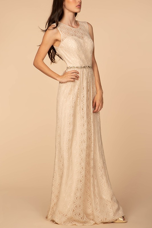 Jewel Embellished Waist Lace Long Dress