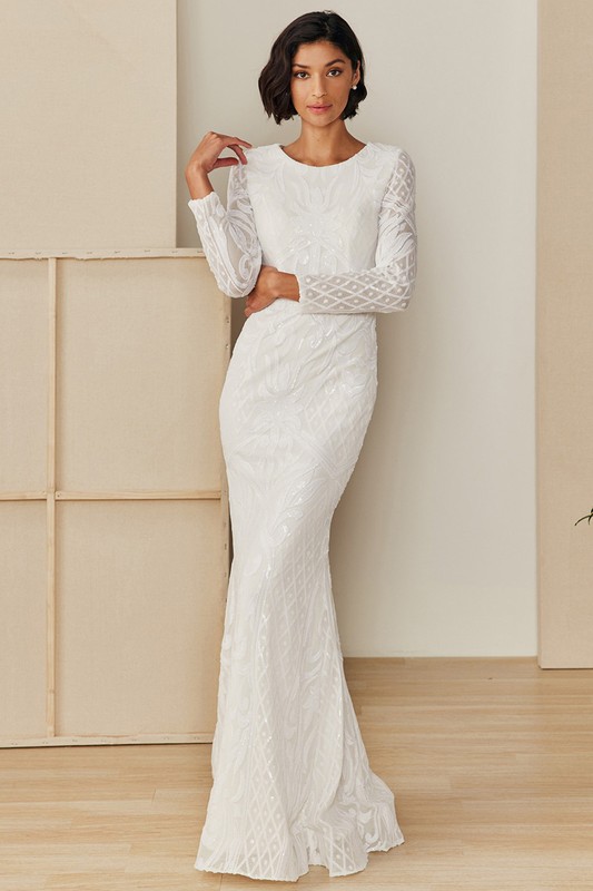 Sequin Long Sleeve Jewel Neck Trumpet Gown