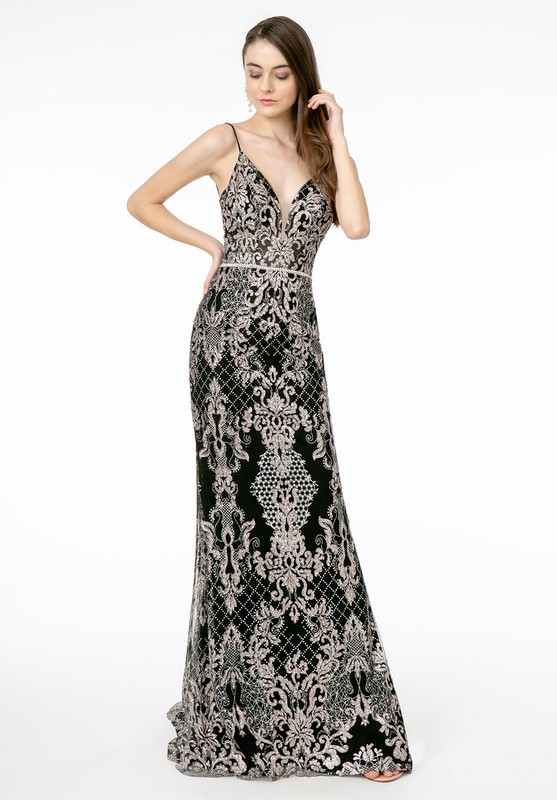 Jeweled Belt Glitter Mesh Long Dress