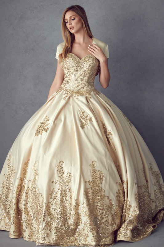 Golden Glitter Quince Dress, Ballgown with Bolero