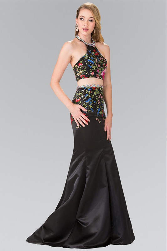 Two-Piece Floral Embroidered Satin Prom Dress