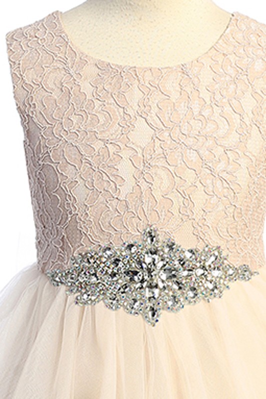 Bridal Lace Top Tea Length  Dress Rhinestone Trim