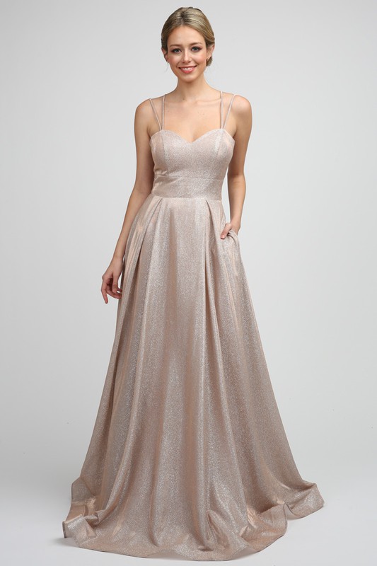 Metallic A-Line Prom Gown with Spaghetti Straps