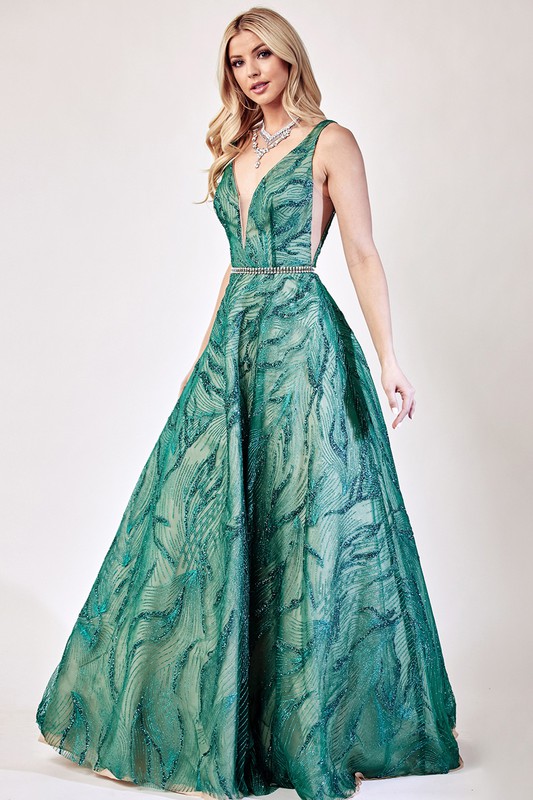 Glitter Print Sleeveless Backless Ball Gown