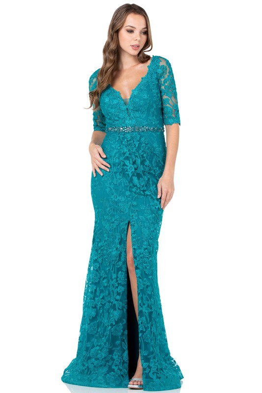 Turquoise Lace Gown with Jewel Detail 