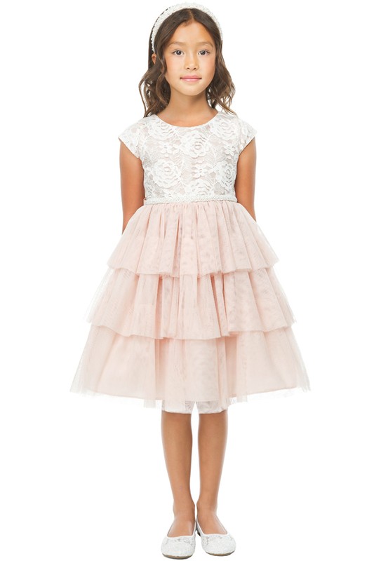 Sweet Lace and Tiered Mesh with Pearl Trim Dress