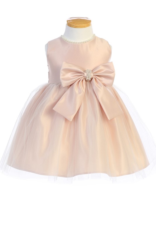 Satin Pearl Neckline Dress with Tulle Overlay