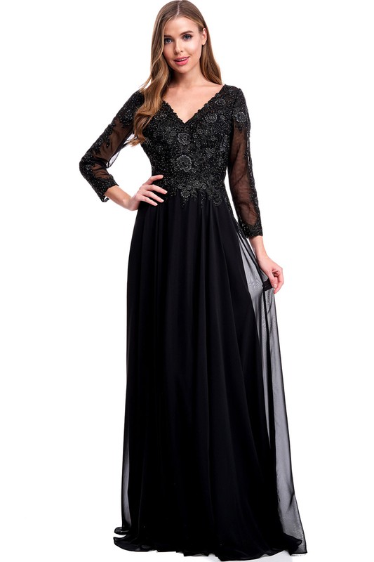 Long Sleeve, V Neck Sheath Gown