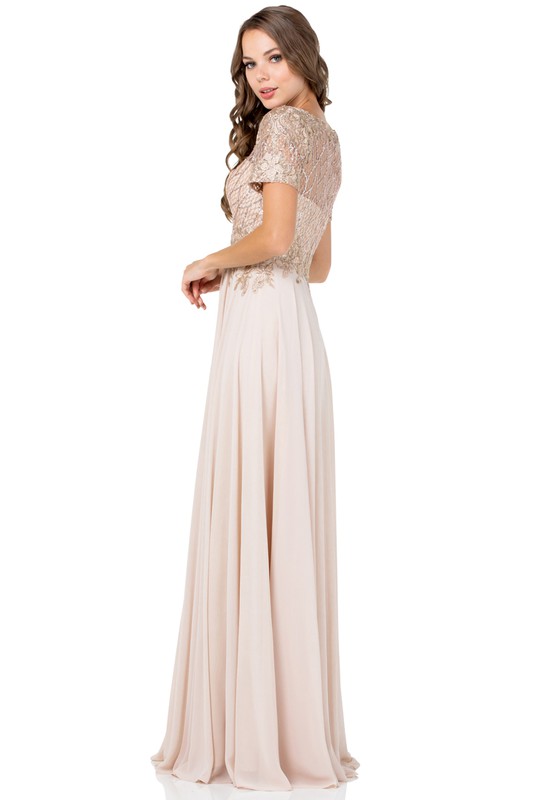 Illusion V Neck Short Sleeve Sheath Gown. 