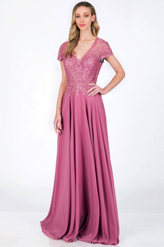 Short Sleeve V Neck Embellished Top Sheath Gown