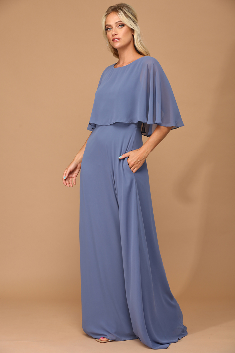 Long Chiffon Pocketed Gown with Cape Overlay