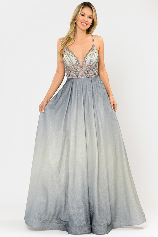 A-Line V-Neck with Beading Ombre Prom Dress