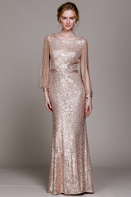 Long Sleeve Sequin Evening Gown