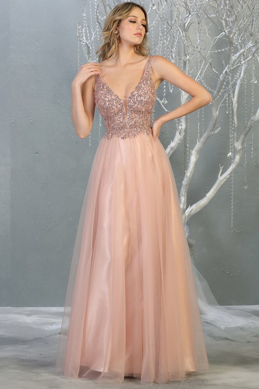 A-Line Sequined V-Neck Lace Prom Dress