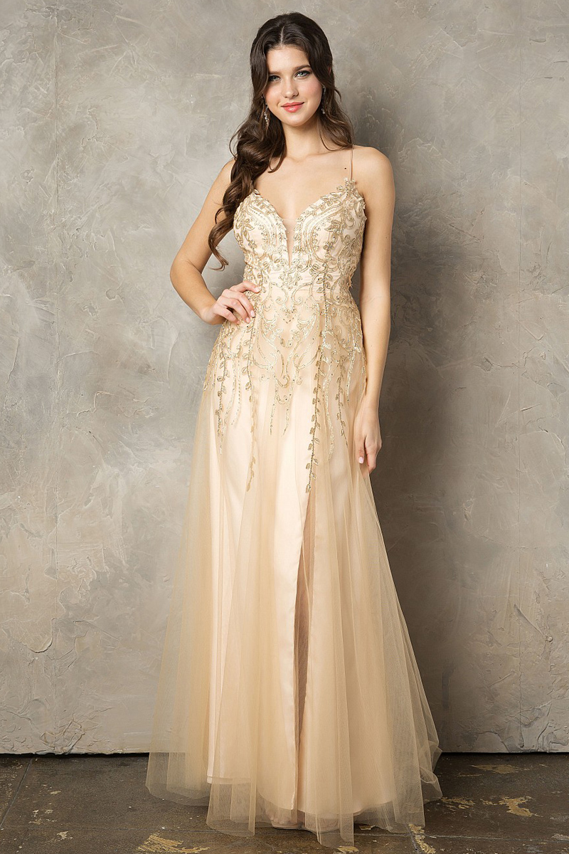 Flowy A Line Prom Gown with Emrbroidered Top