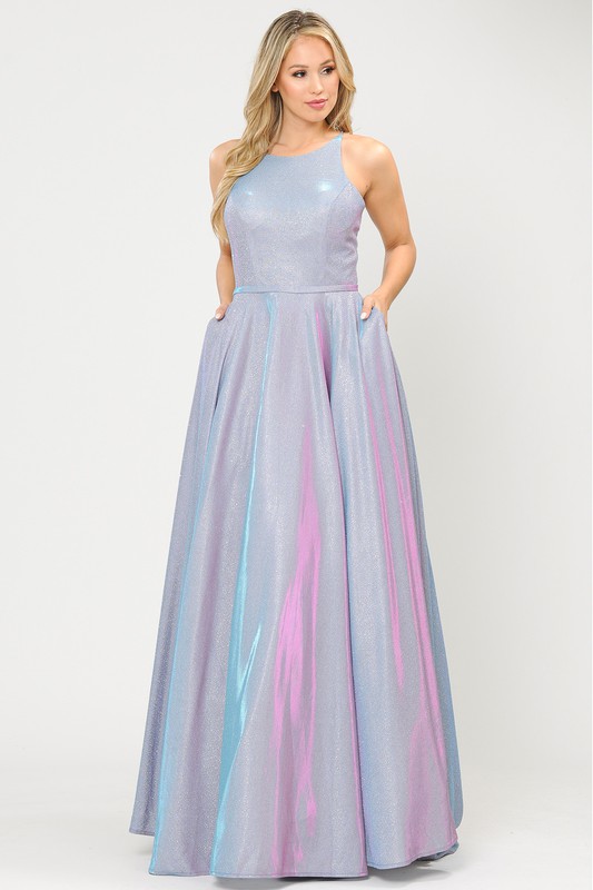 A-Line Scoop Neck Metallic Floor Length Prom Dress