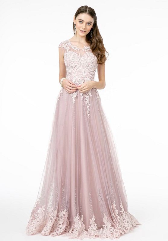 Embroidery Embellished Mesh Scoop Neck Prom Dress