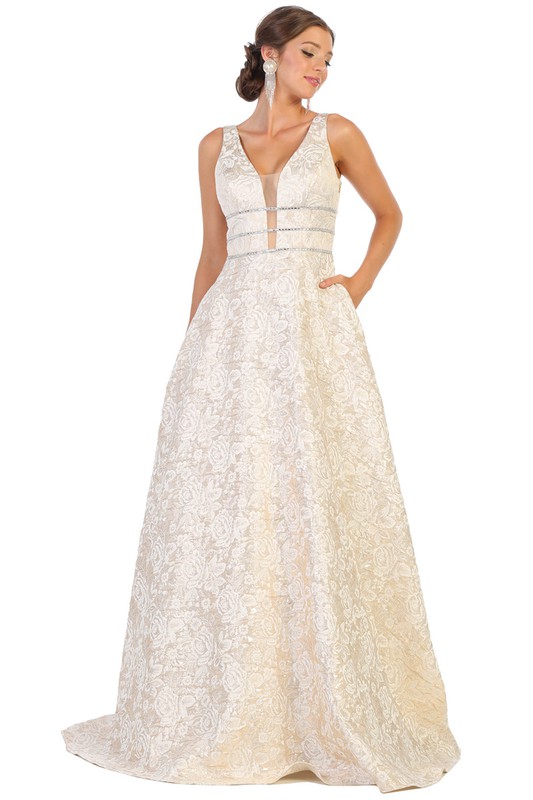 A Line Jacquard Prom Dress with Jewel Detail