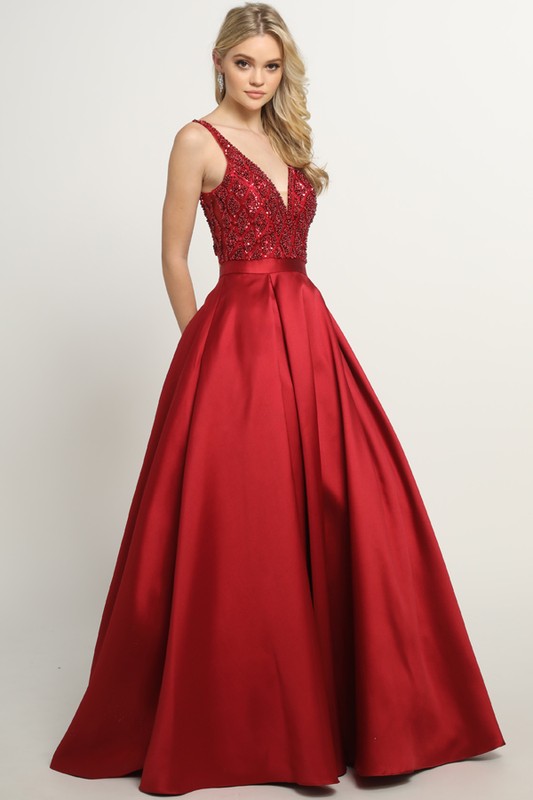 Long Beaded Top Satin Gown with Pockets