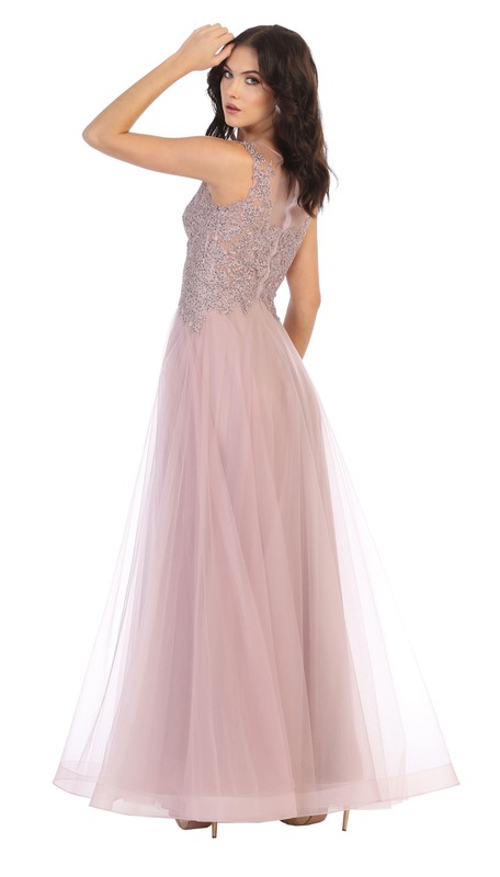 A-Line Scoop Neck Lace Floor Length Prom Dress