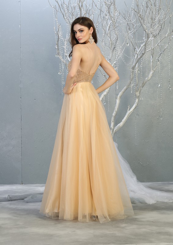 A-Line V-Neck Glitter Top Floor Length Prom Dress