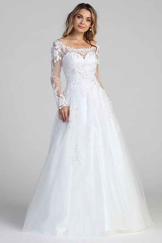 A Line Tulle Bridal Gown with Sheer Long Sleeve