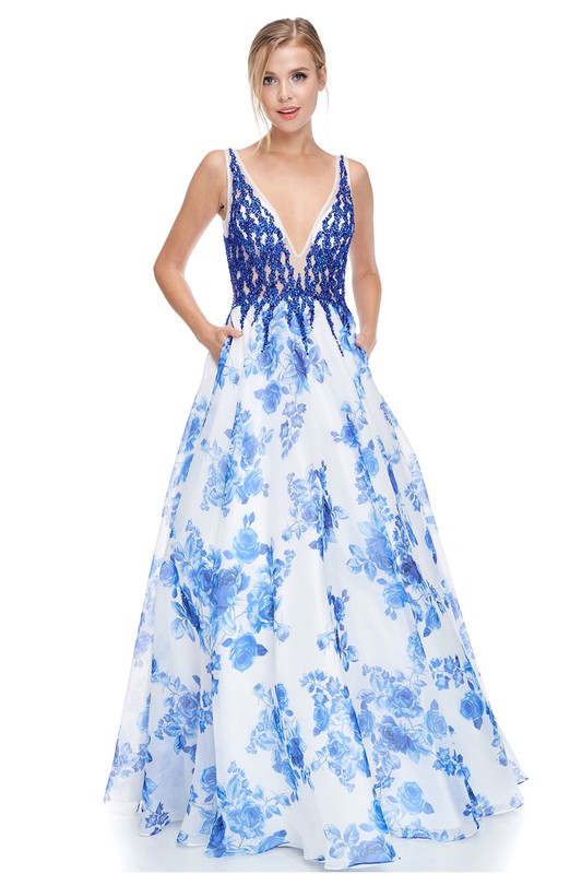 Royal Blue Floral Print Gown