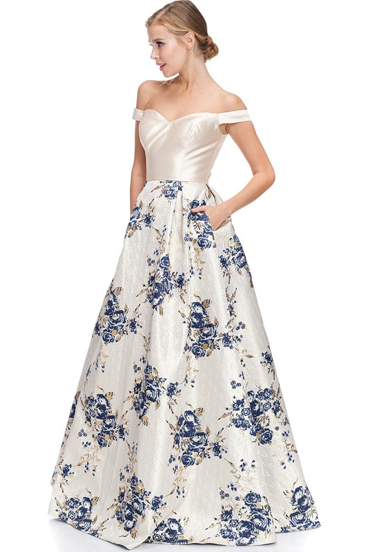 Off Shoulder, Sweetheart A Line Floral Print Gown