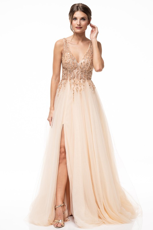 V Neck, Sleeveless, A Line Gown