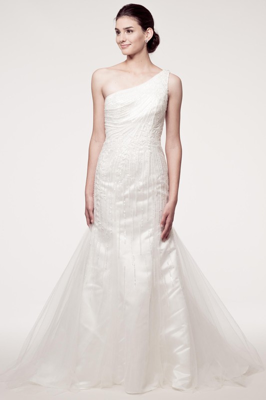 Sleeveless, One Shoulder Trumpet Bridal Gown