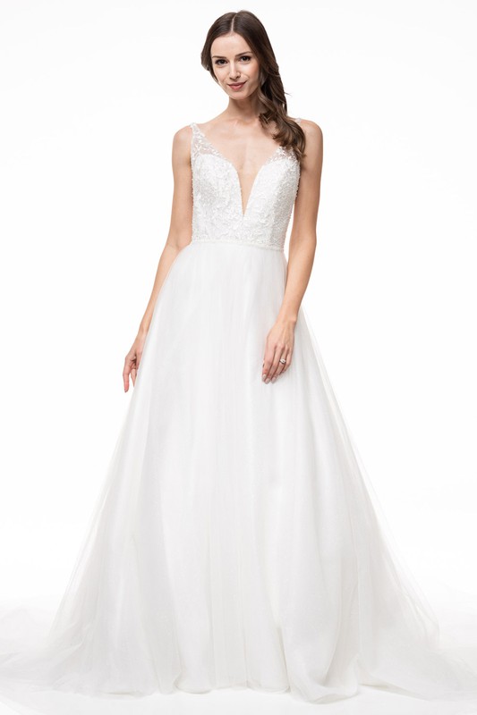 V Neck Sleeveless Ball Gown with Train