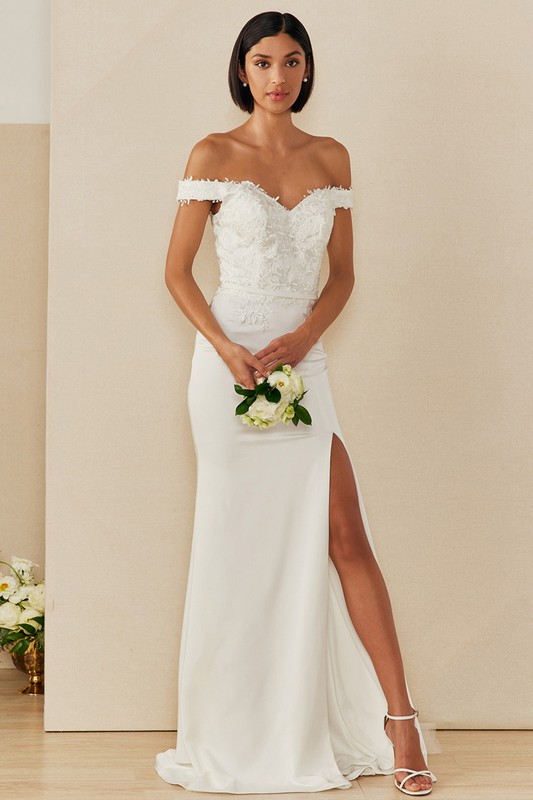 Off Shoulder Trumpet Gown with Slitted Skirt