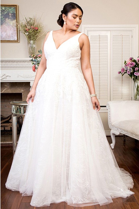 V Neck Embroidered Top Mesh Bridal Gown